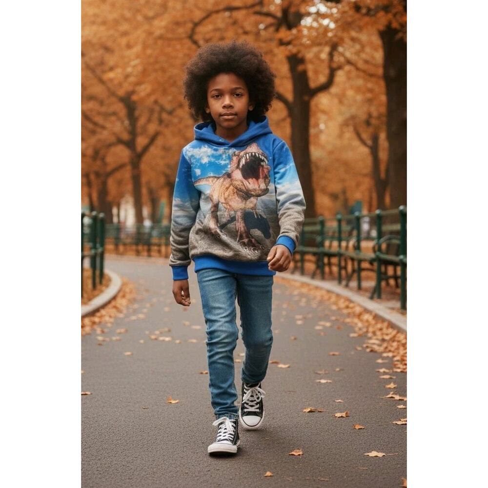 Boy's T REX Dinosaur Hoodie With Pockets Sweatshirt Back Front Print Size 6-7